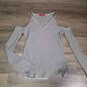 Guess Womens S Cold Shoulder‎ Top Black White Striped Ribbed V-Neck Long Sleeve
